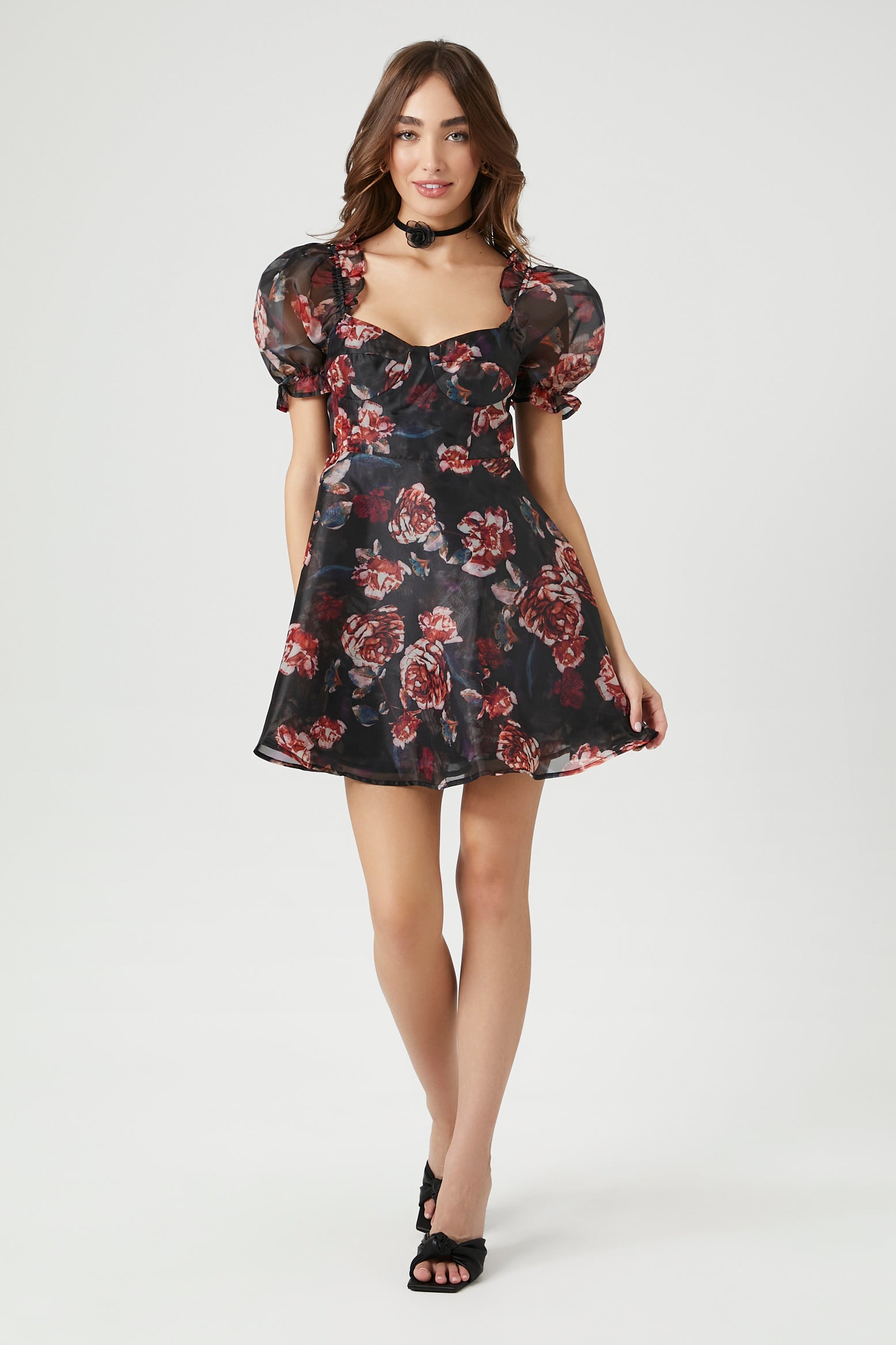 Black/Multi Floral Print Puff-Sleeve Mini Dress 3