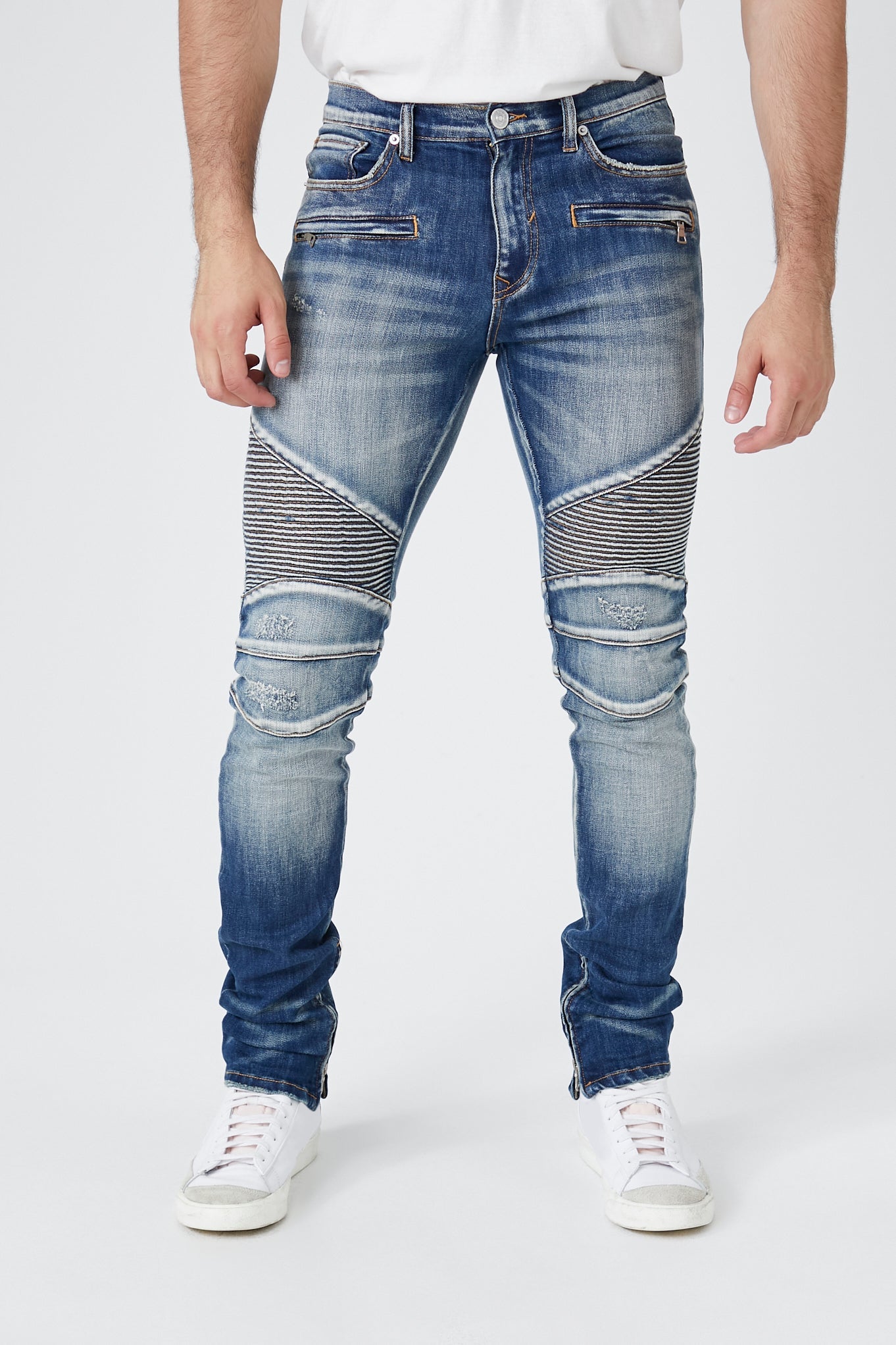 Medium Denim Stretch-Denim Moto Skinny Jeans 1