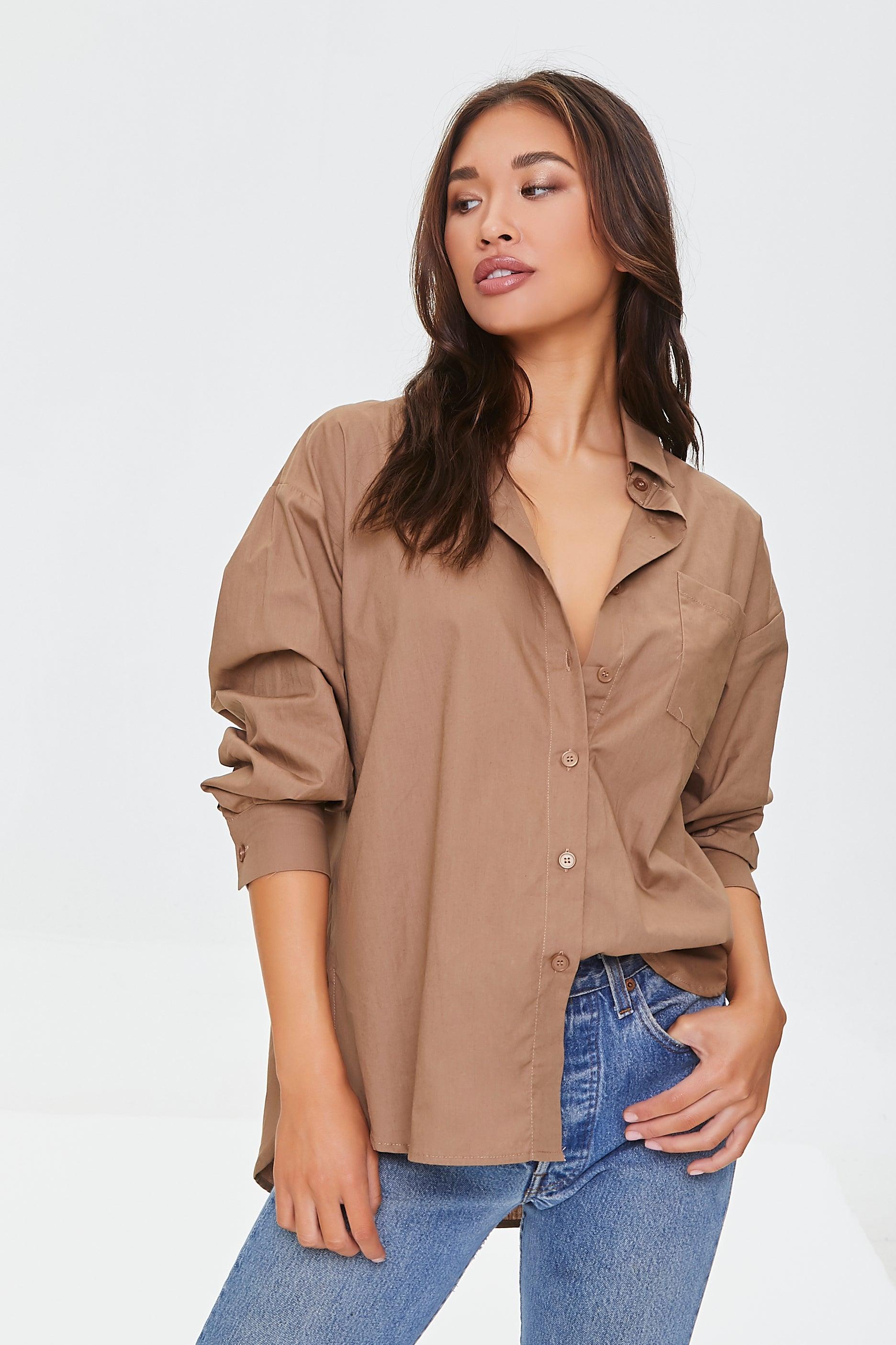 Taupe Cotton Button-Front Shirt  2