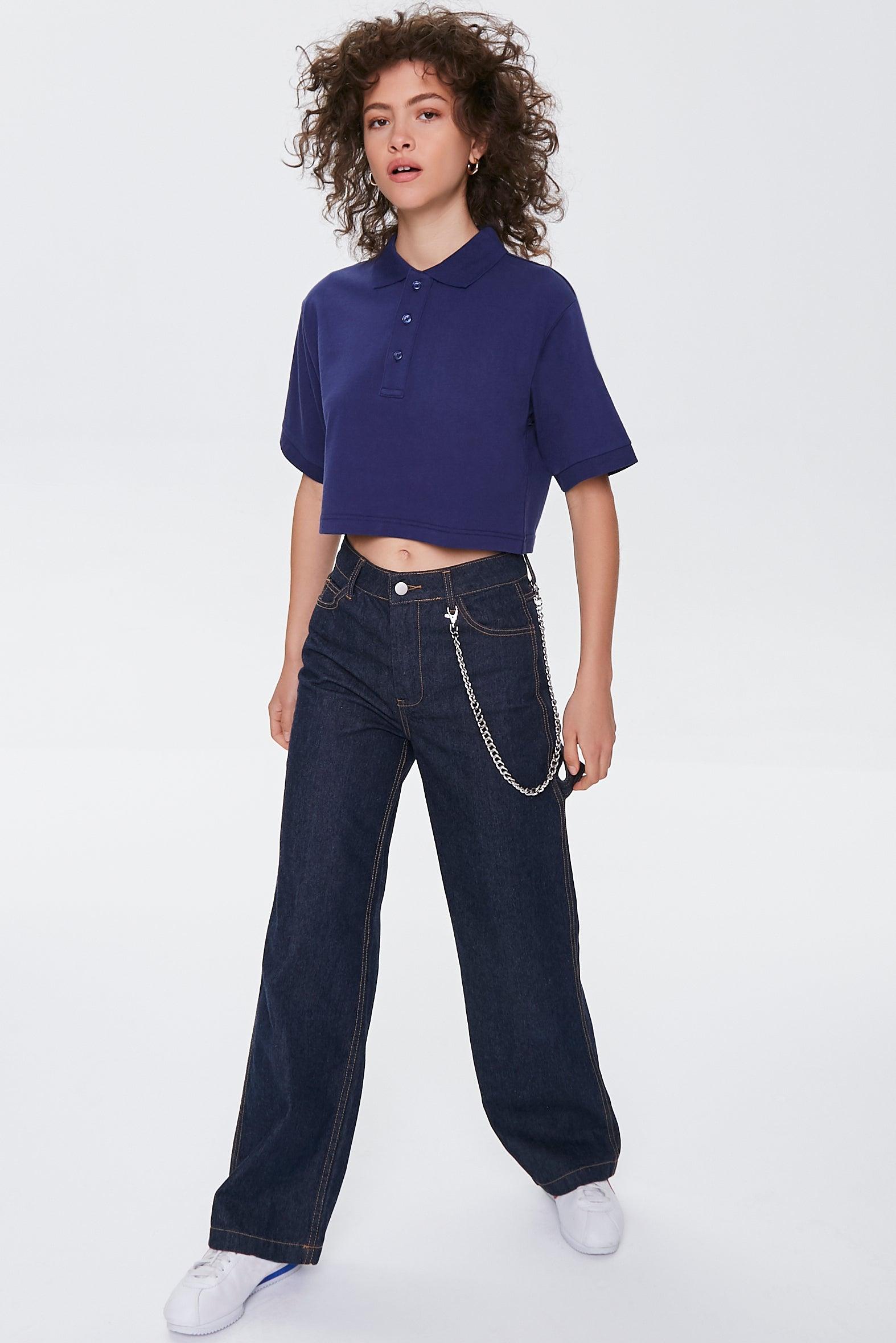 Navy Cropped Polo Shirt  4
